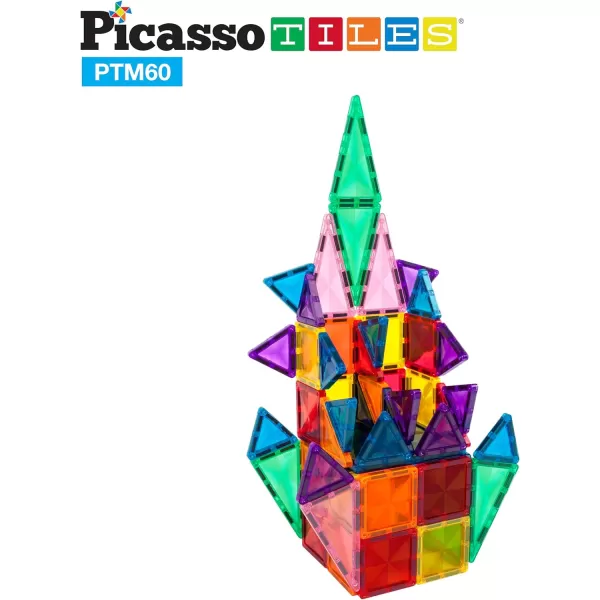 PicassoTiles 60 Piece Magnetic Building Block Mini Diamond Series Travel Size OnTheGo Construction Toy Set STEM Learning Kit Educational Playset Child Brain Development Stacking Blocks PTM6060pc