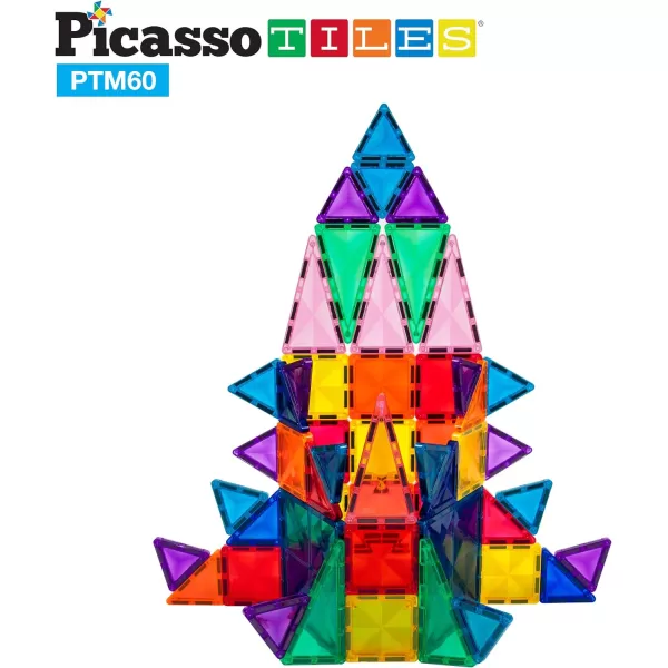 PicassoTiles 60 Piece Magnetic Building Block Mini Diamond Series Travel Size OnTheGo Construction Toy Set STEM Learning Kit Educational Playset Child Brain Development Stacking Blocks PTM6060pc
