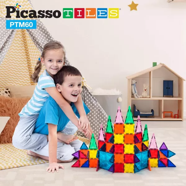 PicassoTiles 60 Piece Magnetic Building Block Mini Diamond Series Travel Size OnTheGo Construction Toy Set STEM Learning Kit Educational Playset Child Brain Development Stacking Blocks PTM6060pc