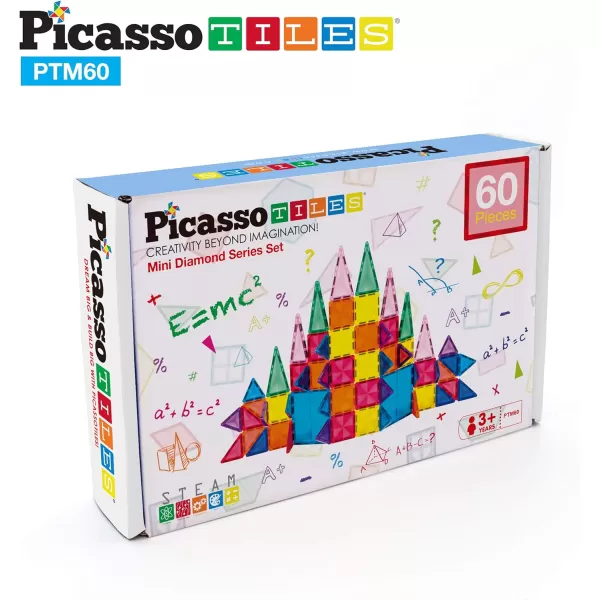 PicassoTiles 60 Piece Magnetic Building Block Mini Diamond Series Travel Size OnTheGo Construction Toy Set STEM Learning Kit Educational Playset Child Brain Development Stacking Blocks PTM6060pc