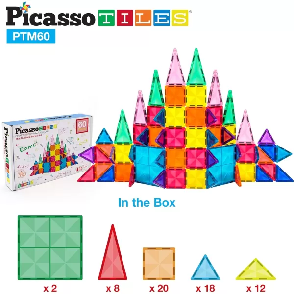 PicassoTiles 60 Piece Magnetic Building Block Mini Diamond Series Travel Size OnTheGo Construction Toy Set STEM Learning Kit Educational Playset Child Brain Development Stacking Blocks PTM6060pc