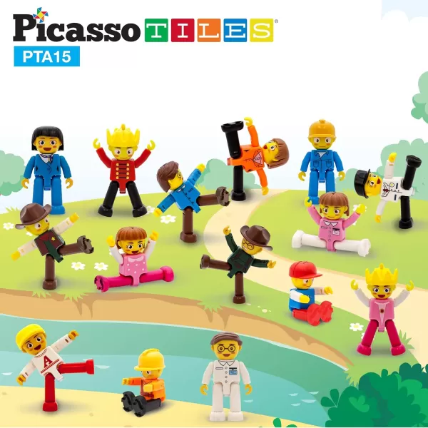 PicassoTiles Magnetic 15 Piece Character Action Figures Toddler Toy Set Magnet Expansion Variety Pack Educational Addon STEM Learning Kit Pretend Playset for Construction Building Block Tiles PTA1515 Characters