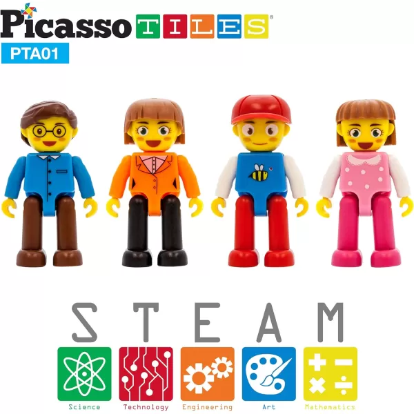 PicassoTiles Magnetic 4 Family Action Figures Toddler Toy Magnet Expansion Pack Educational Addon STEM Learning Kit Toys Pretend Playset for Construction Building Block Tiles Child Brain DevelopmentPTA01