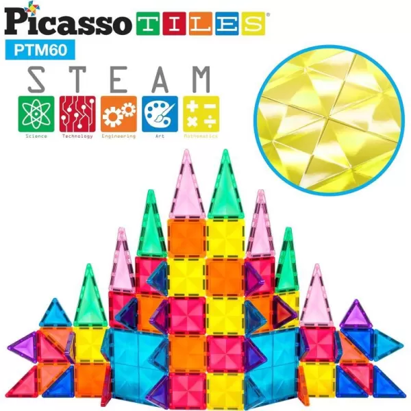 PicassoTiles 60 Piece Magnetic Building Block Mini Diamond Series Travel Size OnTheGo Construction Toy Set STEM Learning Kit Educational Playset Child Brain Development Stacking Blocks PTM6060pc