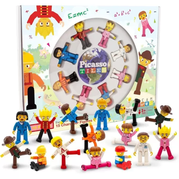 PicassoTiles Magnetic 15 Piece Character Action Figures Toddler Toy Set Magnet Expansion Variety Pack Educational Addon STEM Learning Kit Pretend Playset for Construction Building Block Tiles PTA1515 Characters