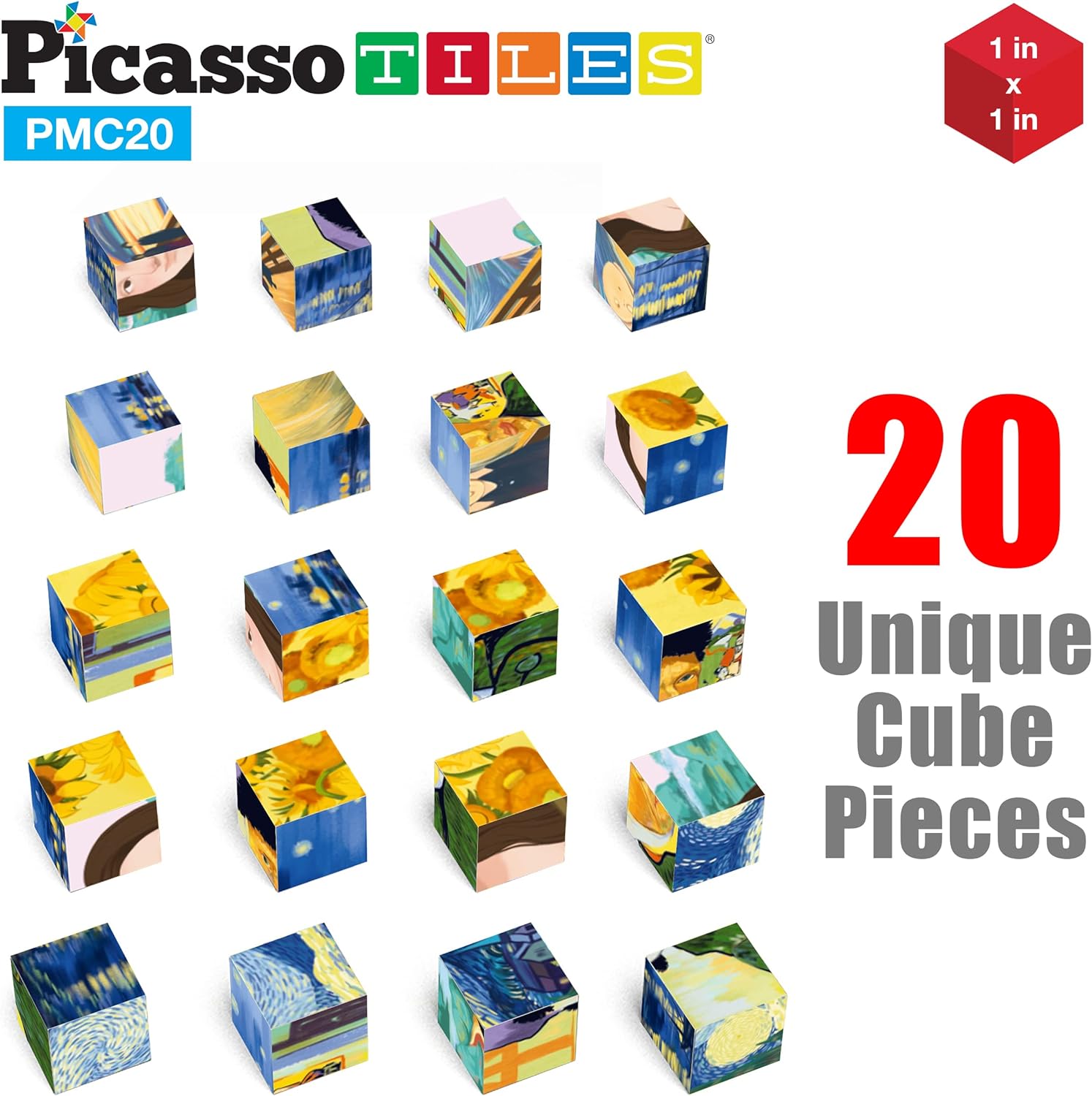PicassoTiles 1 Magnetic Puzzle Building Cubes Blocks for kids Van Gogh puzzle Mona Lisa Hand puzzle kids toys 3 year old boy girl STEM toys Toddler TeenYoung ExplorersEducational Popular ArtArt 20PC