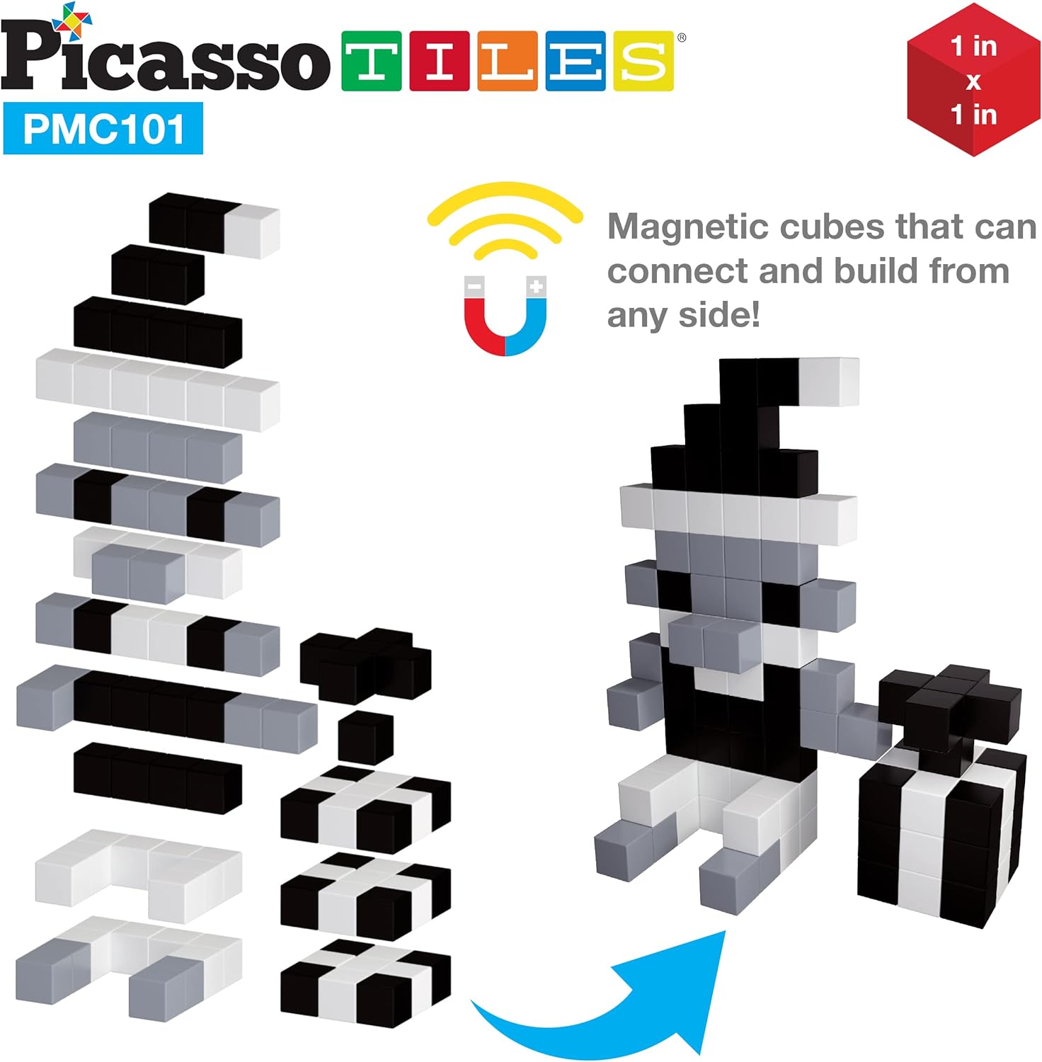 PicassoTiles 102 Pieces 1 Magnetic Toy Building Block Cubes Building Block 3D Cube Construction Cubes Magnet Sensory Toys Gifts Educational with Free Idea Book for Kid Boy Girl amp Toddler PMC1021Achromatic101