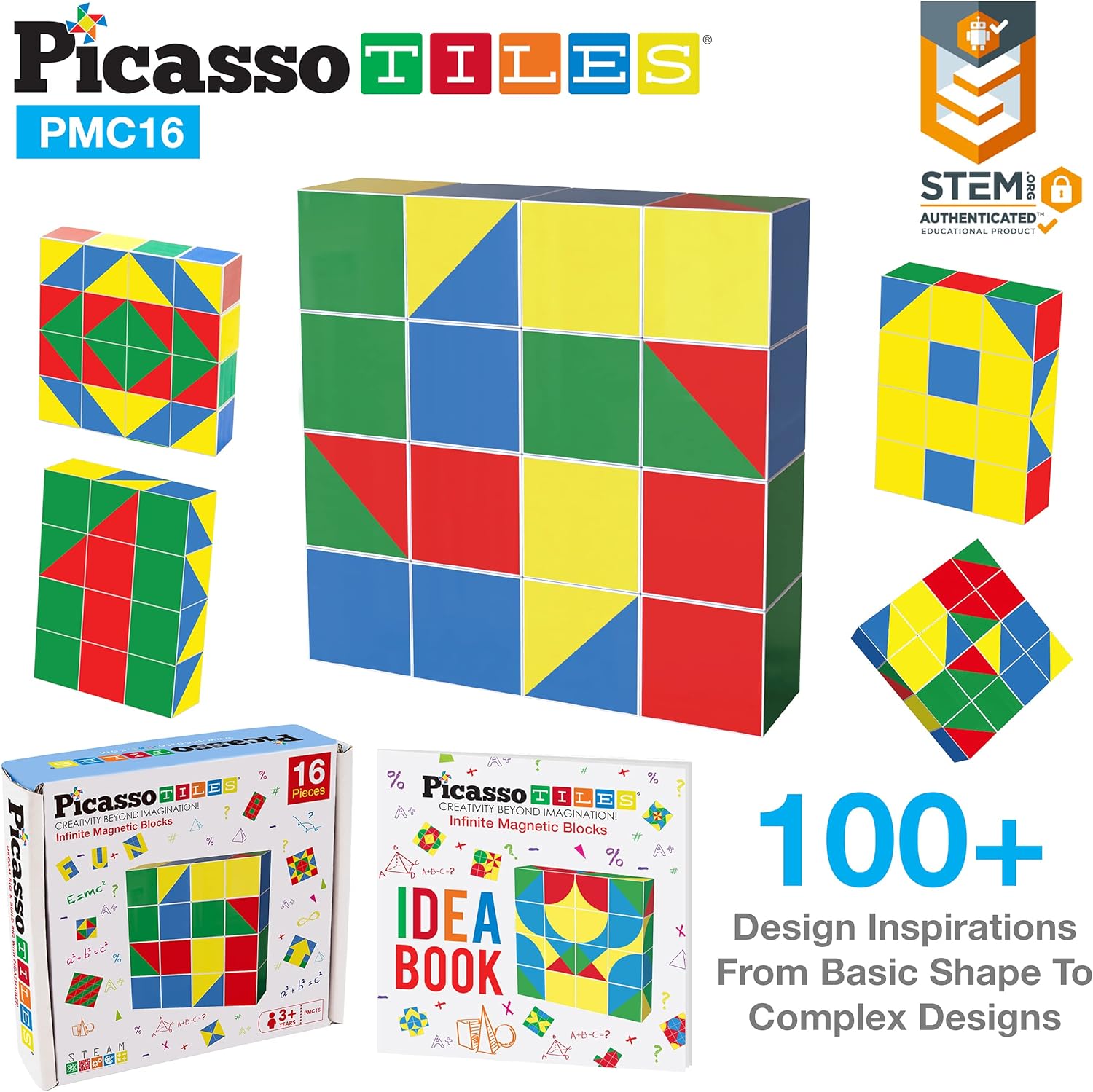 PicassoTiles 102 Pieces 1 Magnetic Toy Building Block Cubes Building Block 3D Cube Construction Cubes Magnet Sensory Toys Gifts Educational with Free Idea Book for Kid Boy Girl amp Toddler PMC102Geo1 16PC