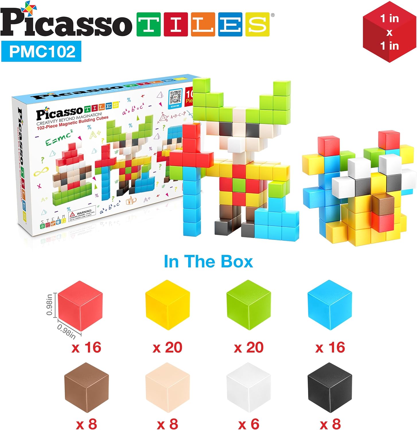 PicassoTiles 102 Pieces 1 Magnetic Toy Building Block Cubes Building Block 3D Cube Construction Cubes Magnet Sensory Toys Gifts Educational with Free Idea Book for Kid Boy Girl amp Toddler PMC1021Color102