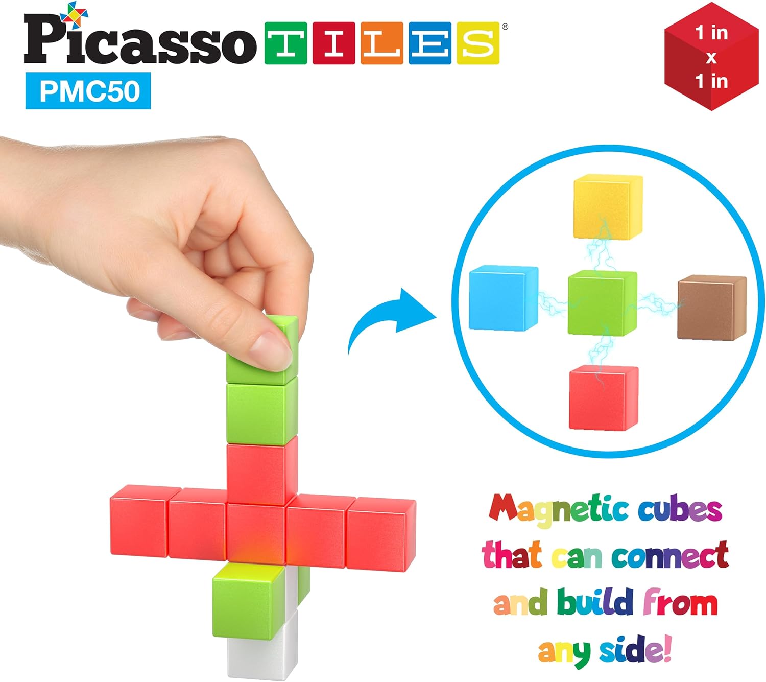 PicassoTiles 102 Pieces 1 Magnetic Toy Building Block Cubes Building Block 3D Cube Construction Cubes Magnet Sensory Toys Gifts Educational with Free Idea Book for Kid Boy Girl amp Toddler PMC1021Color50