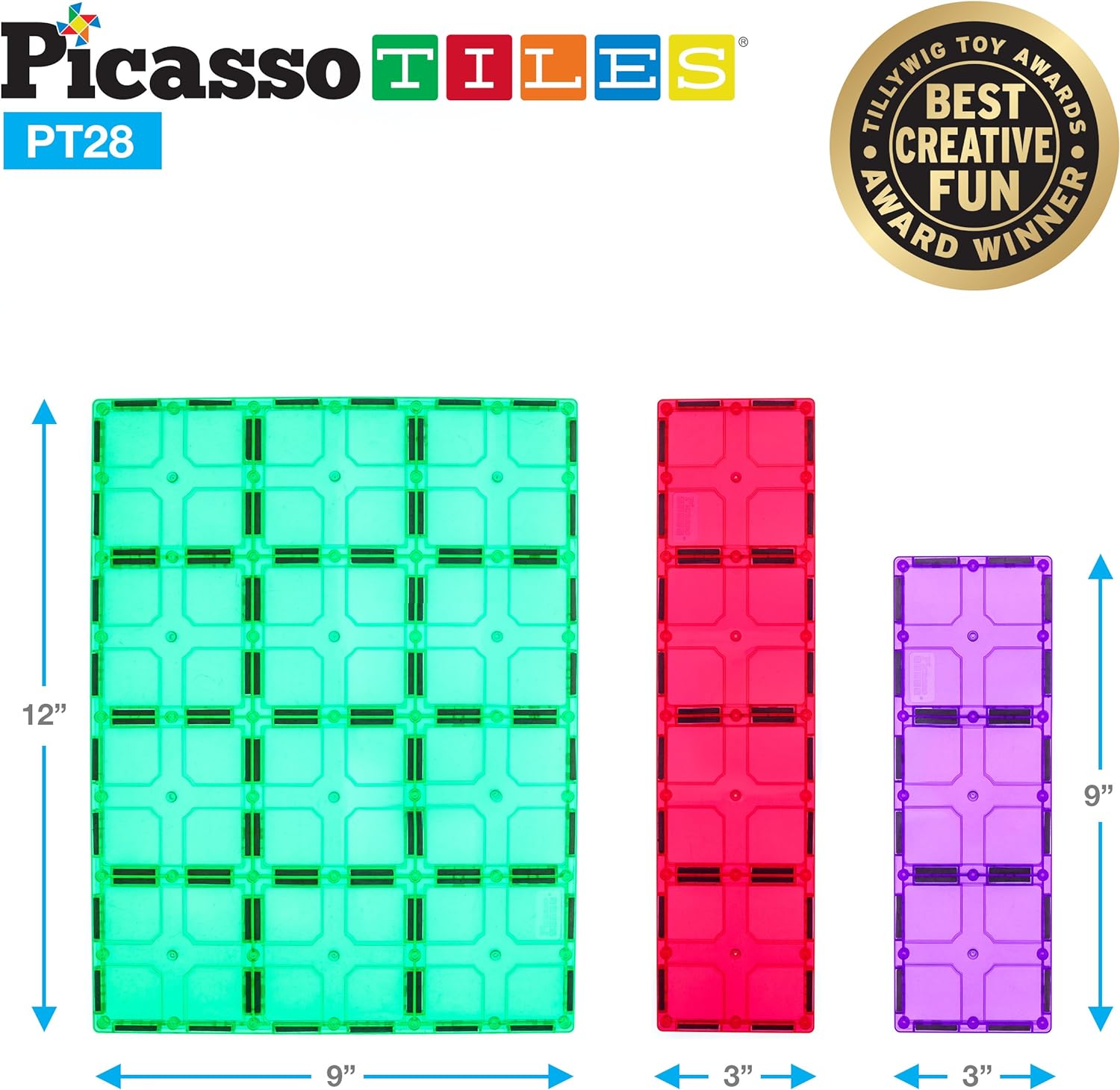 PicassoTiles 28 Piece 12x9 12x3 9x3 Large Stabilizer Building Block Base 28pc Jumbo XL Plate Foundation Kit Magnetic Building Blocks Magnet Tiles Educational Construction Stacking STEM Toy SetPT28