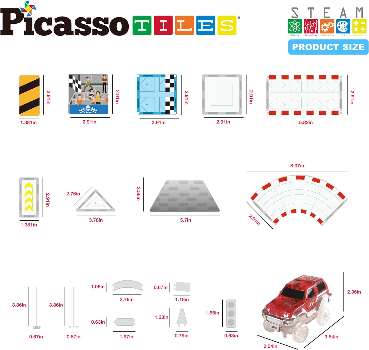 PicassoTiles 30 Piece Race Car Track Building Block Educational Toy Set Magnetic Tiles Magnet DIY Playset 2 Trucks STEM Learning Construction Kit HandEye Coordination Fine Motor SkillPTQ05