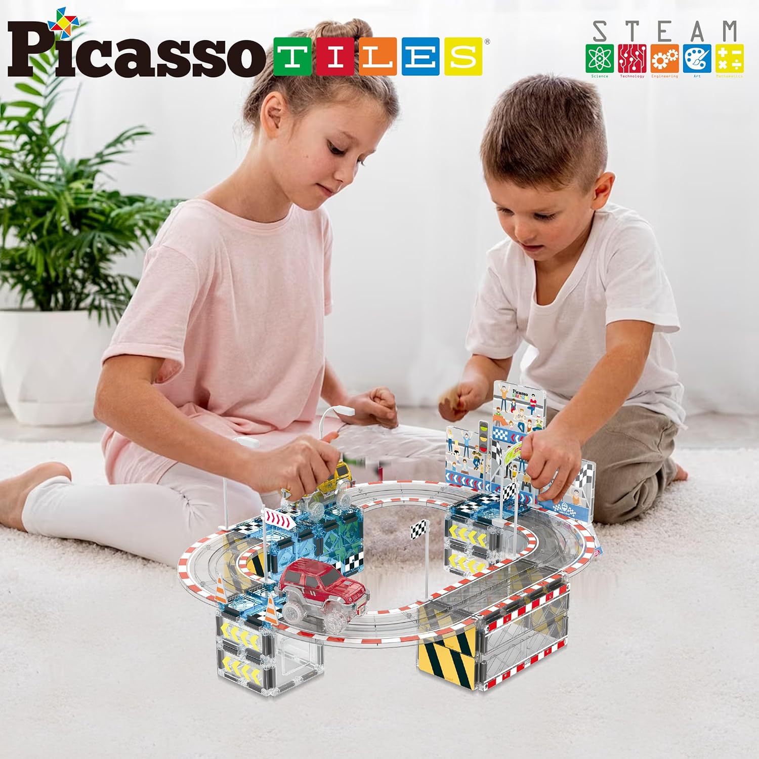 PicassoTiles 30 Piece Race Car Track Building Block Educational Toy Set Magnetic Tiles Magnet DIY Playset 2 Trucks STEM Learning Construction Kit HandEye Coordination Fine Motor SkillPTQ05