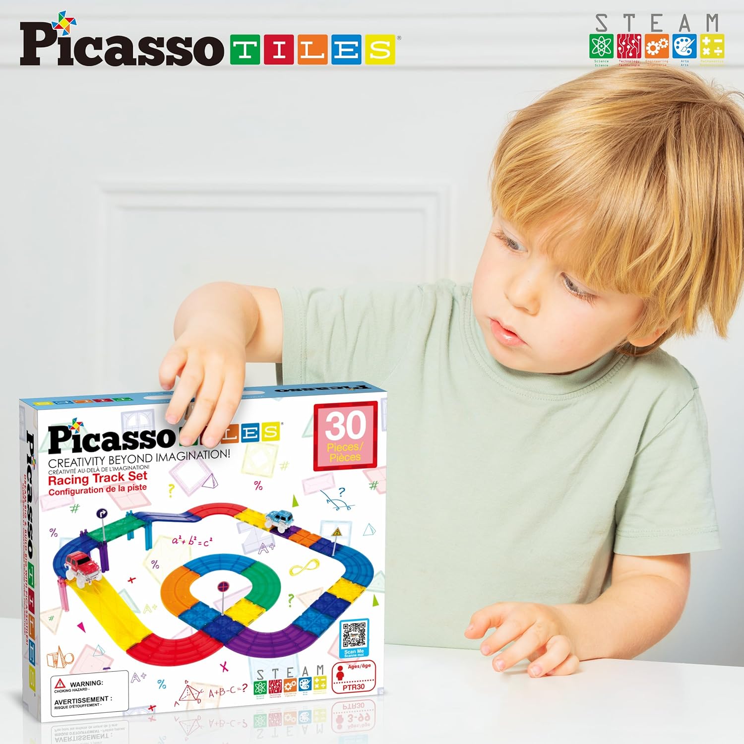 PicassoTiles 30 Piece Race Car Track Building Block Educational Toy Set Magnetic Tiles Magnet DIY Playset 2 Trucks STEM Learning Construction Kit HandEye Coordination Fine Motor SkillPTR30