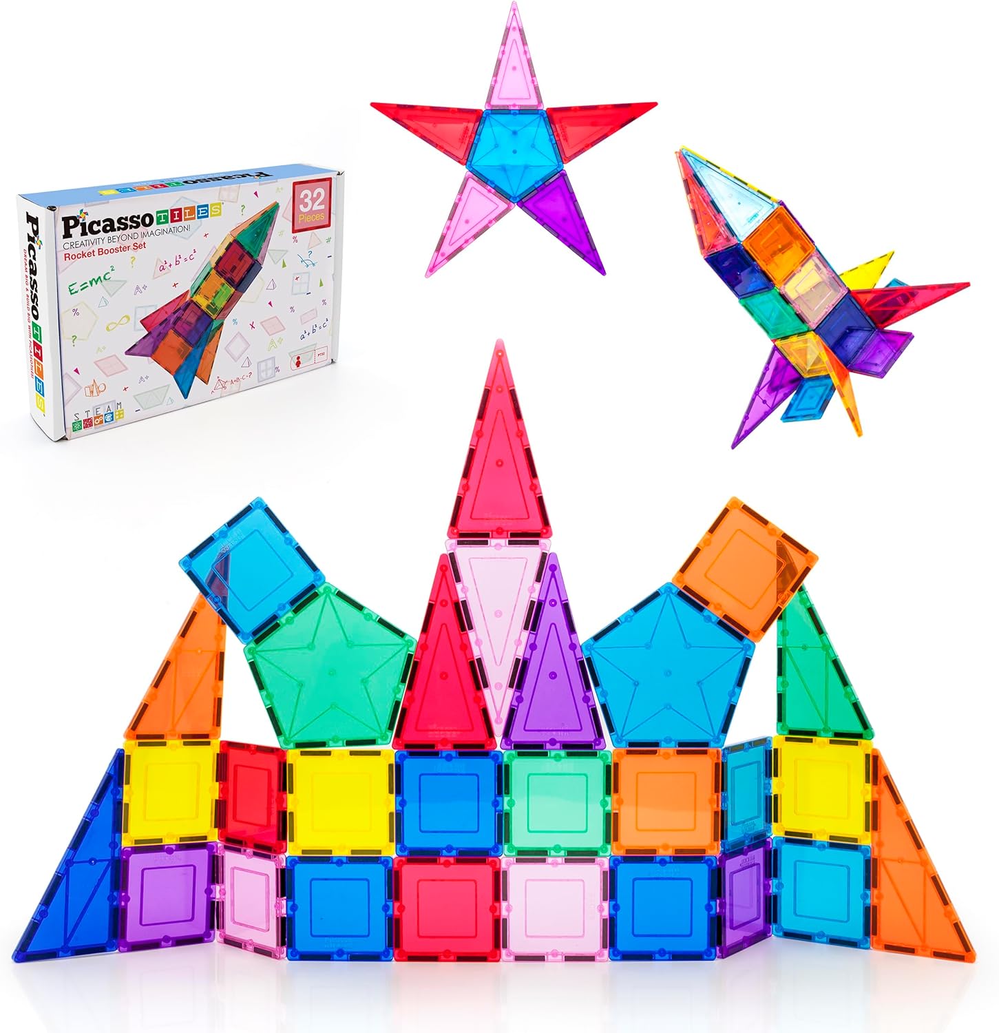 PicassoTiles 32 Piece Magnetic Building Block Rocket Booster Theme Set Magnet Construction Toy Educational Kit Engineering STEM Learning Playset Child Brain Development Stacking Blocks Playboard PT32PicassoTiles 32 Piece Magnetic Building Block Rocket Booster Theme Set Magnet Construction Toy Educational Kit Engineering STEM Learning Playset Child Brain Development Stacking Blocks Playboard PT32