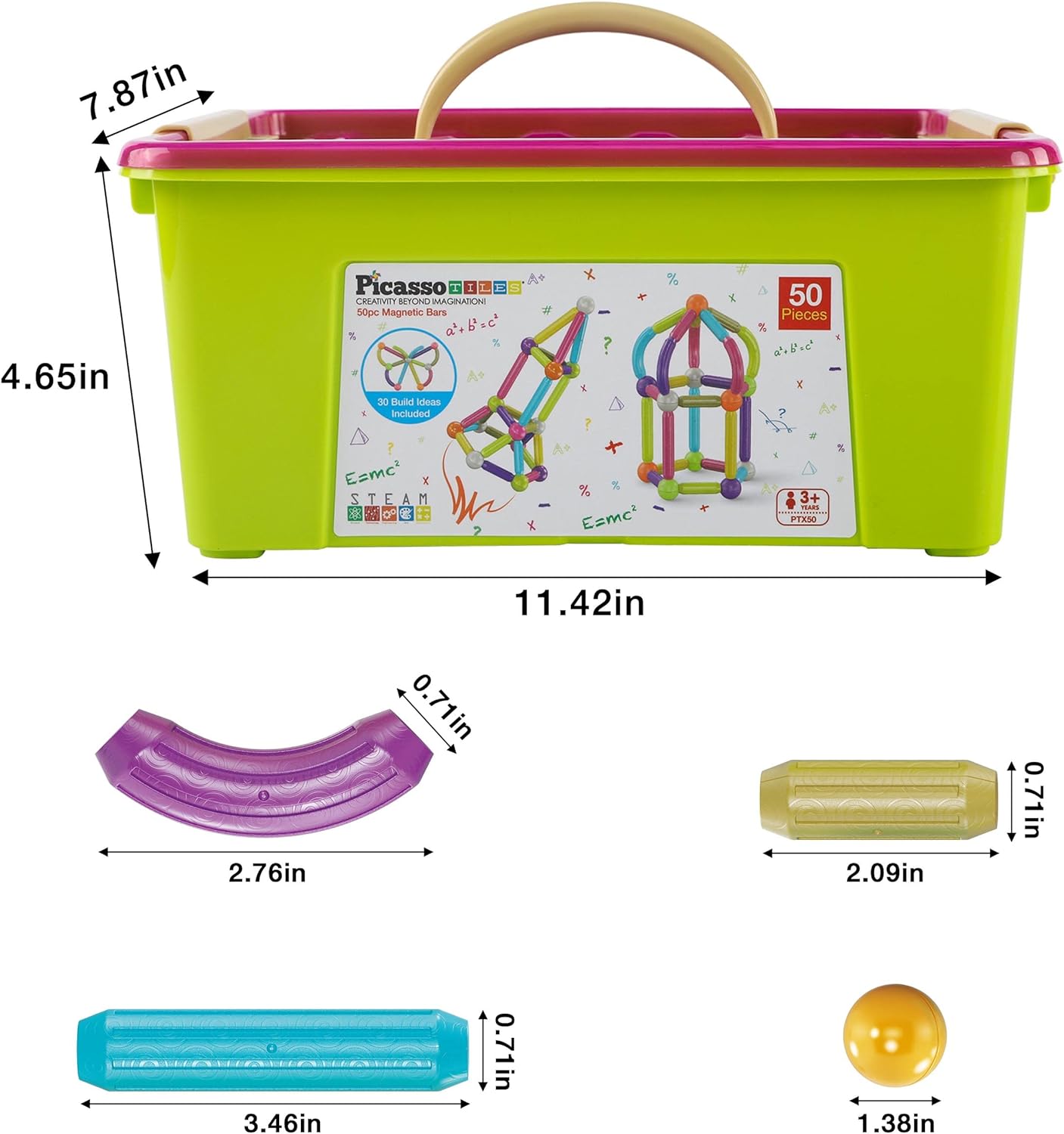 PicassoTiles 50 PCs Magnetic Building Stick Block Construction Set with Storage Bin Colorful 3D STEM Toy Blocks Bar Balls amp Rods Montessori Educational for All Ages Puzzle Toy for Boys amp Girls PTX50PTX50
