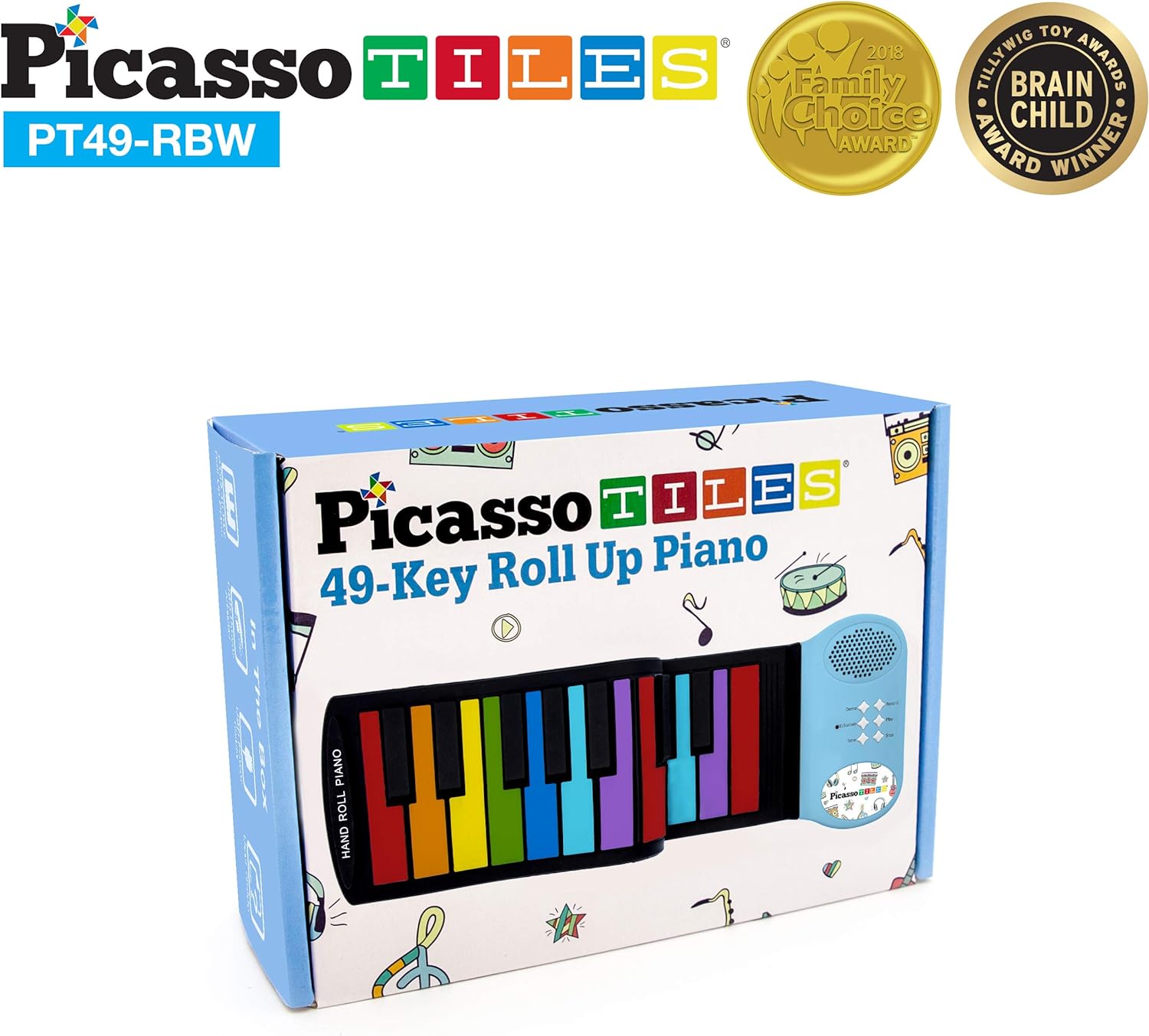 PicassoTiles PT49 Kids 49Key Flexible RollUp Educational Electronic Digital Music Piano Keyboard wRecording Feature 8 Different Tones 6 Educational Demo Songs amp Buildin Speaker  Rainbow49KeyColor
