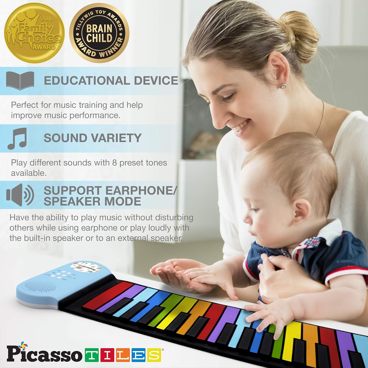 PicassoTiles PT49 Kids 49Key Flexible RollUp Educational Electronic Digital Music Piano Keyboard wRecording Feature 8 Different Tones 6 Educational Demo Songs amp Buildin Speaker  Rainbow49KeyColor