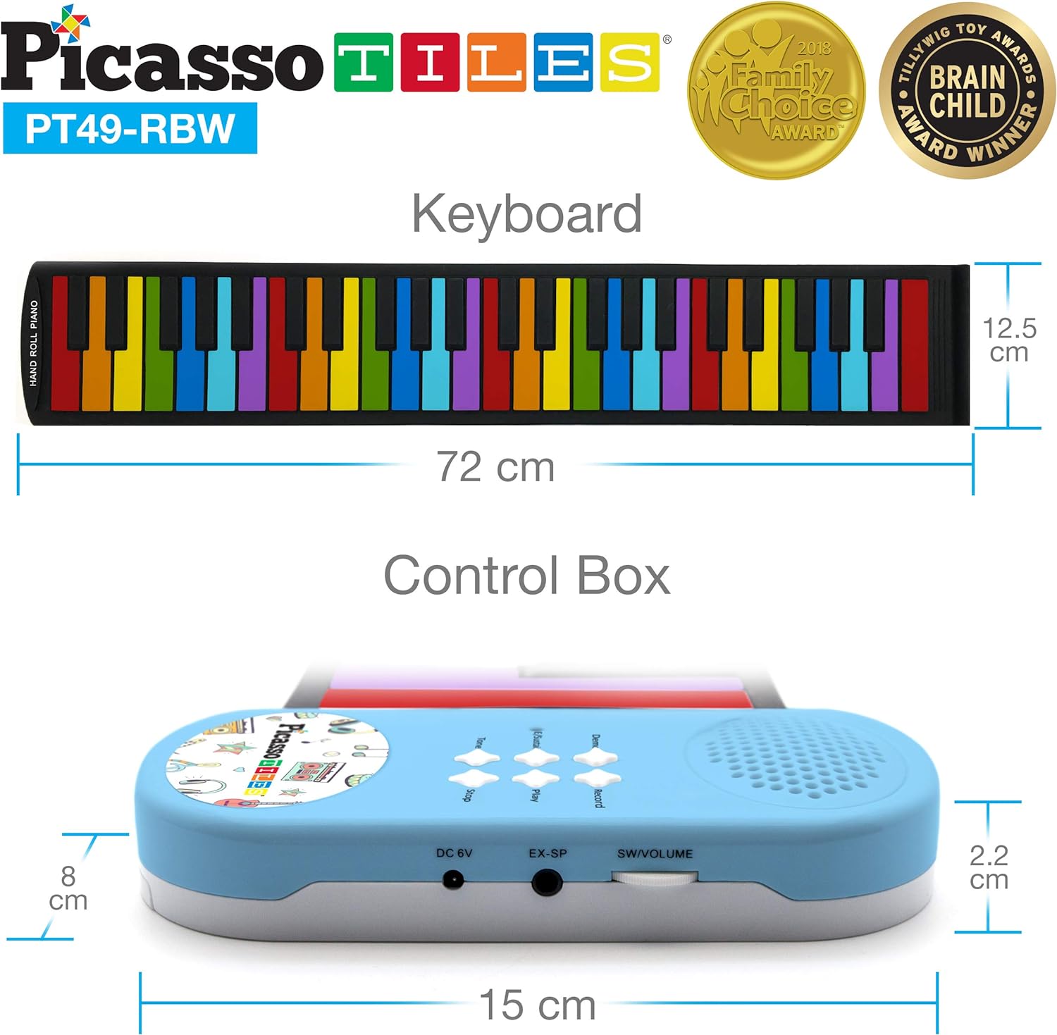 PicassoTiles PT49 Kids 49Key Flexible RollUp Educational Electronic Digital Music Piano Keyboard wRecording Feature 8 Different Tones 6 Educational Demo Songs amp Buildin Speaker  Rainbow49KeyColor