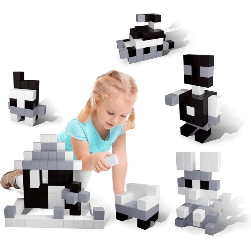 PicassoTiles 102 Pieces 1 Magnetic Toy Building Block Cubes Building Block 3D Cube Construction Cubes Magnet Sensory Toys Gifts Educational with Free Idea Book for Kid Boy Girl amp Toddler PMC1021Achromatic101
