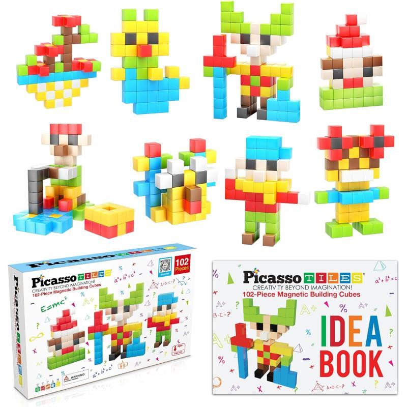 PicassoTiles 102 Pieces 1 Magnetic Toy Building Block Cubes Building Block 3D Cube Construction Cubes Magnet Sensory Toys Gifts Educational with Free Idea Book for Kid Boy Girl amp Toddler PMC1021Color102