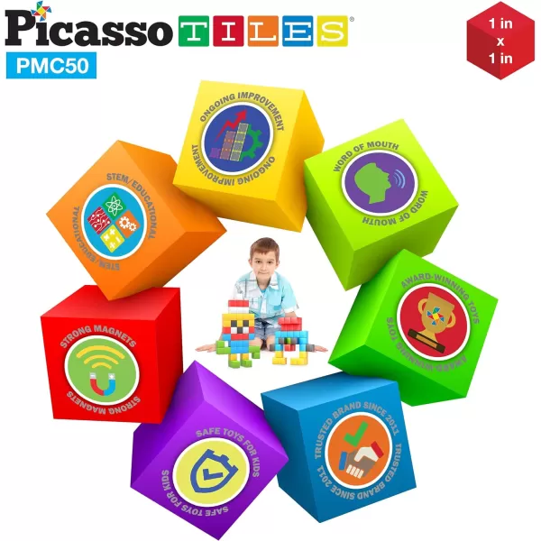 PicassoTiles 102 Pieces 1 Magnetic Toy Building Block Cubes Building Block 3D Cube Construction Cubes Magnet Sensory Toys Gifts Educational with Free Idea Book for Kid Boy Girl amp Toddler PMC1021Color50