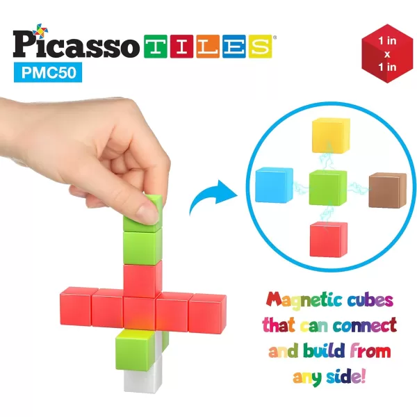 PicassoTiles 102 Pieces 1 Magnetic Toy Building Block Cubes Building Block 3D Cube Construction Cubes Magnet Sensory Toys Gifts Educational with Free Idea Book for Kid Boy Girl amp Toddler PMC1021Color50