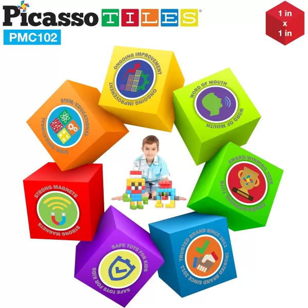 PicassoTiles 102 Pieces 1 Magnetic Toy Building Block Cubes Building Block 3D Cube Construction Cubes Magnet Sensory Toys Gifts Educational with Free Idea Book for Kid Boy Girl amp Toddler PMC1021Color102