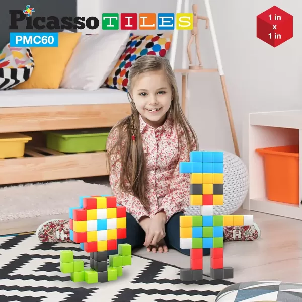PicassoTiles 102 Pieces 1 Magnetic Toy Building Block Cubes Building Block 3D Cube Construction Cubes Magnet Sensory Toys Gifts Educational with Free Idea Book for Kid Boy Girl amp Toddler PMC1021Color60