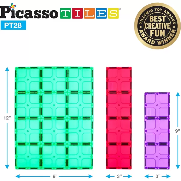 PicassoTiles 28 Piece 12x9 12x3 9x3 Large Stabilizer Building Block Base 28pc Jumbo XL Plate Foundation Kit Magnetic Building Blocks Magnet Tiles Educational Construction Stacking STEM Toy SetPT28