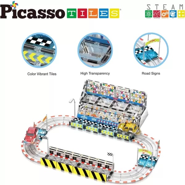PicassoTiles 30 Piece Race Car Track Building Block Educational Toy Set Magnetic Tiles Magnet DIY Playset 2 Trucks STEM Learning Construction Kit HandEye Coordination Fine Motor SkillPTQ05