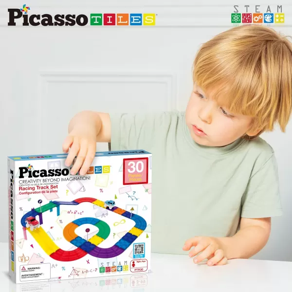 PicassoTiles 30 Piece Race Car Track Building Block Educational Toy Set Magnetic Tiles Magnet DIY Playset 2 Trucks STEM Learning Construction Kit HandEye Coordination Fine Motor SkillPTR30