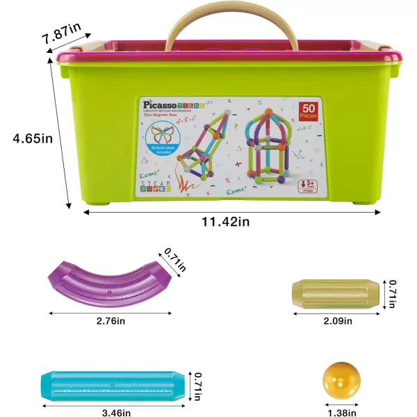 PicassoTiles 50 PCs Magnetic Building Stick Block Construction Set with Storage Bin Colorful 3D STEM Toy Blocks Bar Balls amp Rods Montessori Educational for All Ages Puzzle Toy for Boys amp Girls PTX50PTX50