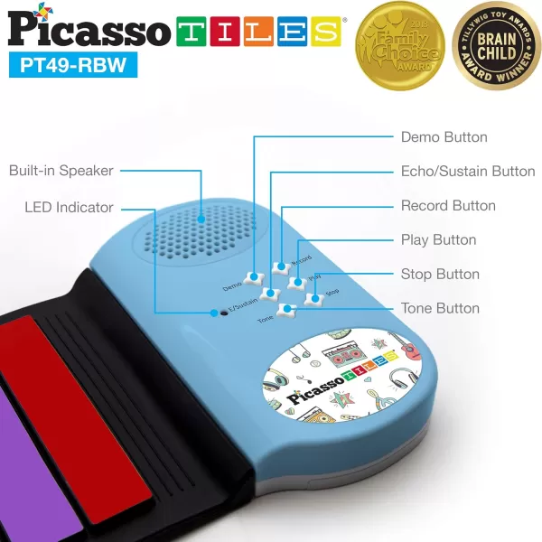 PicassoTiles PT49 Kids 49Key Flexible RollUp Educational Electronic Digital Music Piano Keyboard wRecording Feature 8 Different Tones 6 Educational Demo Songs amp Buildin Speaker  Rainbow49KeyColor