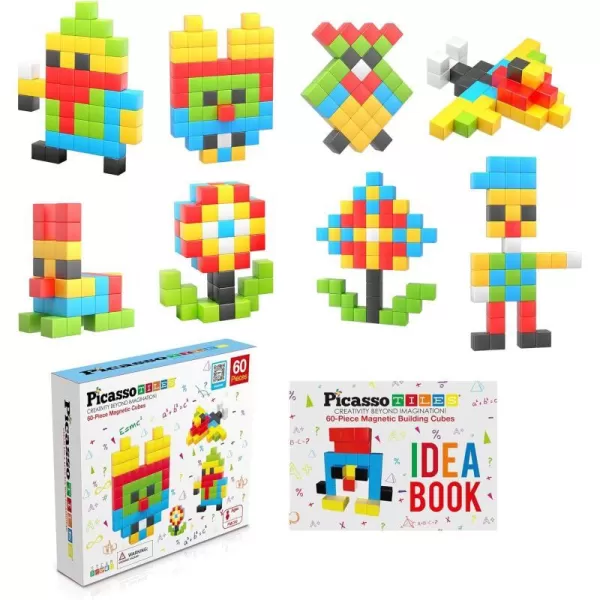 PicassoTiles 102 Pieces 1 Magnetic Toy Building Block Cubes Building Block 3D Cube Construction Cubes Magnet Sensory Toys Gifts Educational with Free Idea Book for Kid Boy Girl amp Toddler PMC1021Color60