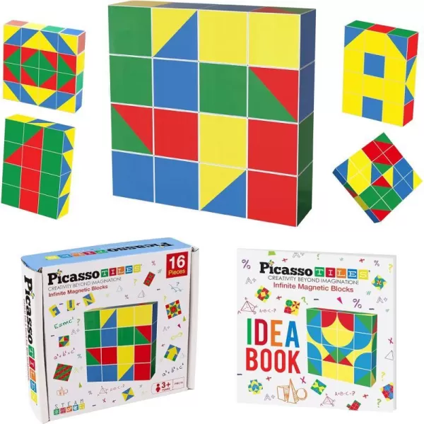 PicassoTiles 102 Pieces 1 Magnetic Toy Building Block Cubes Building Block 3D Cube Construction Cubes Magnet Sensory Toys Gifts Educational with Free Idea Book for Kid Boy Girl amp Toddler PMC102Geo1 16PC