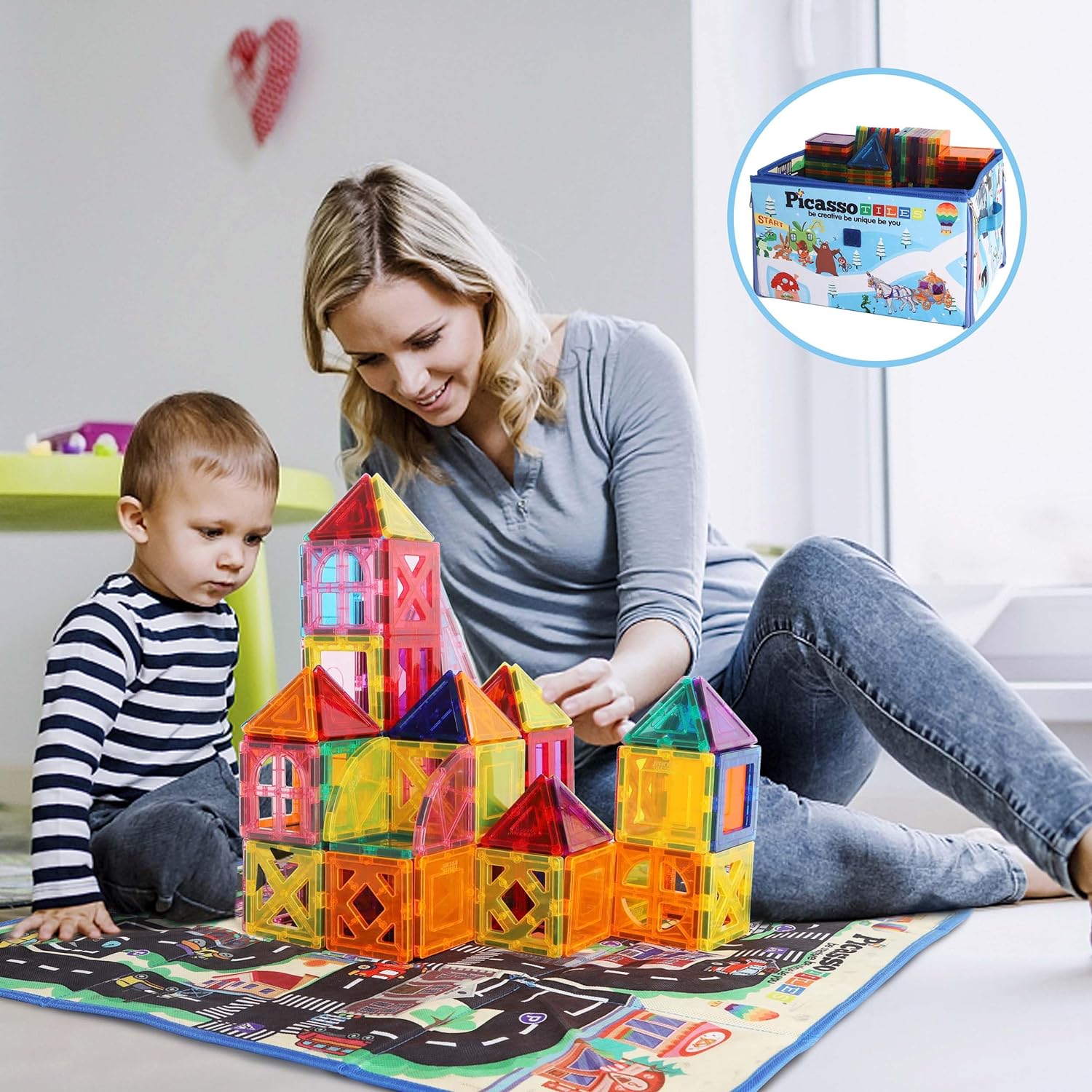 PicassoTiles 2 Piece Car Truck Construction Kit Toy Set Vehicle Educational Building Tile Magnetic Blocks Puzzle Magnets Toys with ReEnforced Hitch and Long Bed for Girls Boys Toddler Ages 3PTA30