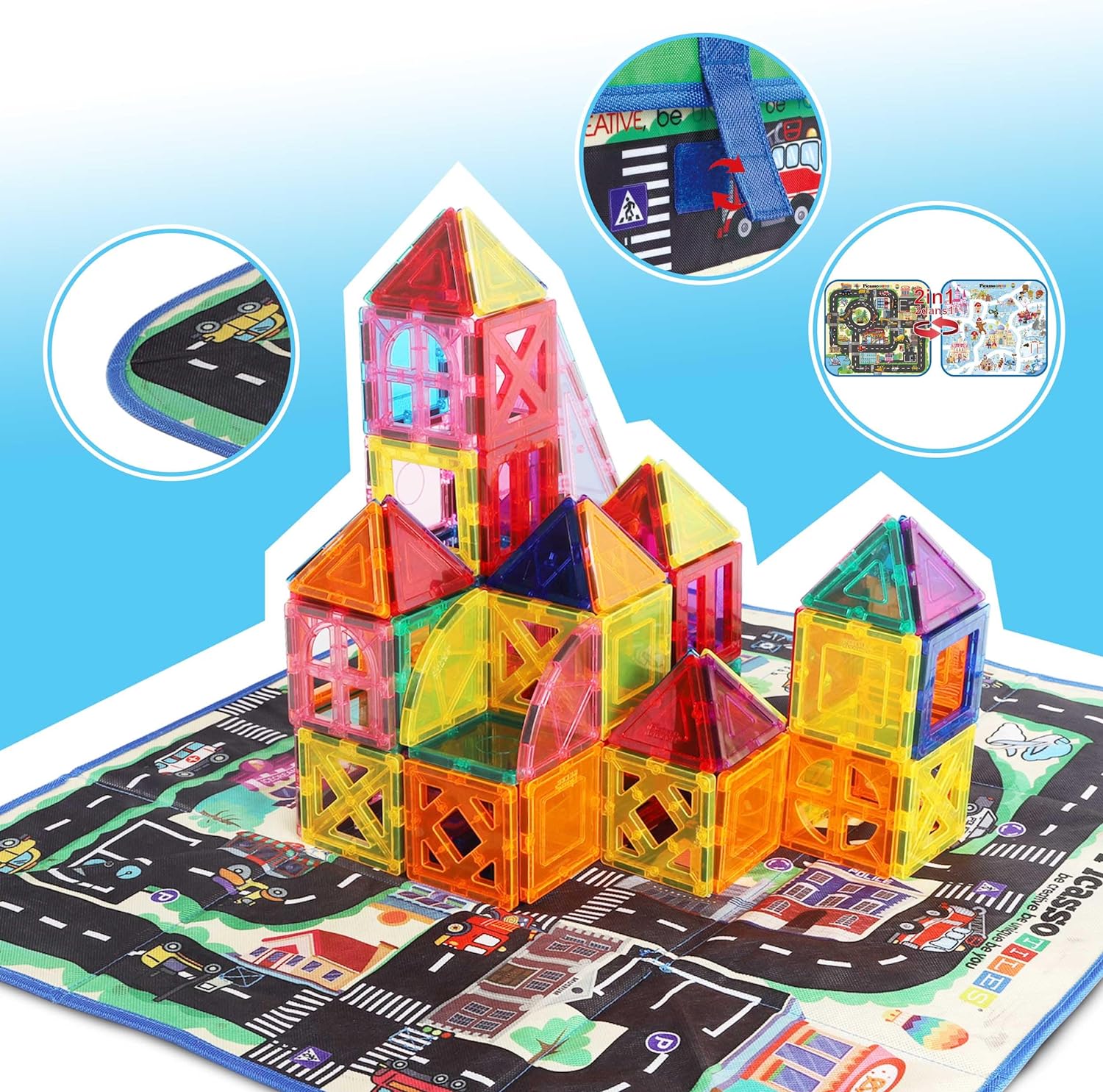 PicassoTiles 2 Piece Car Truck Construction Kit Toy Set Vehicle Educational Building Tile Magnetic Blocks Puzzle Magnets Toys with ReEnforced Hitch and Long Bed for Girls Boys Toddler Ages 3PTA30