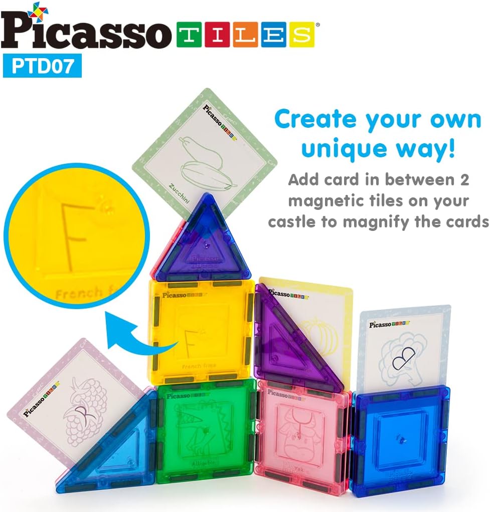 PicassoTiles 2 Piece Car Truck Construction Kit Toy Set Vehicle Educational Building Tile Magnetic Blocks Puzzle Magnets Toys with ReEnforced Hitch and Long Bed for Girls Boys Toddler Ages 3PTD07