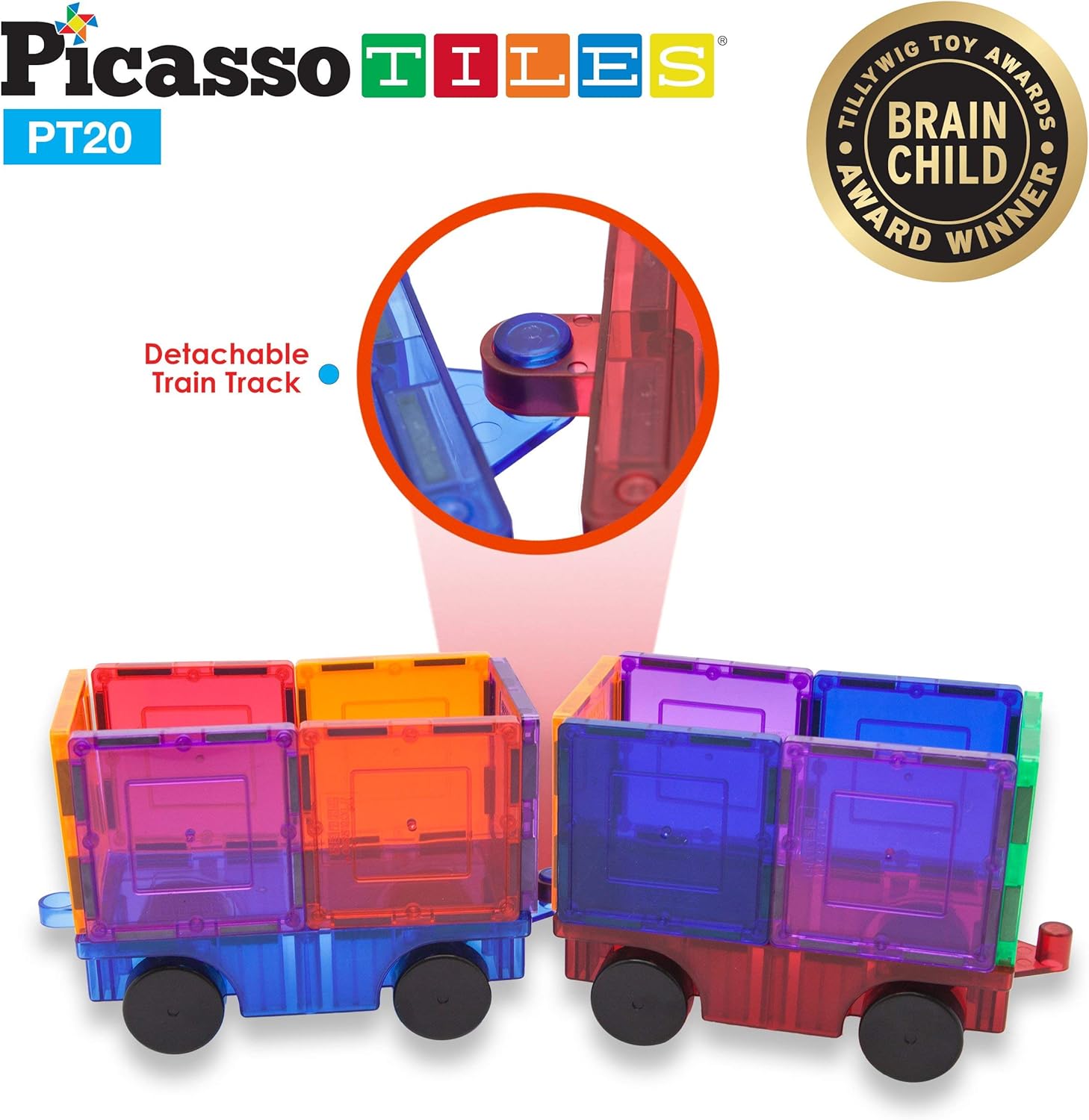 PicassoTiles 2 Piece Car Truck Construction Kit Toy Set Vehicle Educational Building Tile Magnetic Blocks Puzzle Magnets Toys with ReEnforced Hitch and Long Bed for Girls Boys Toddler Ages 3PT20