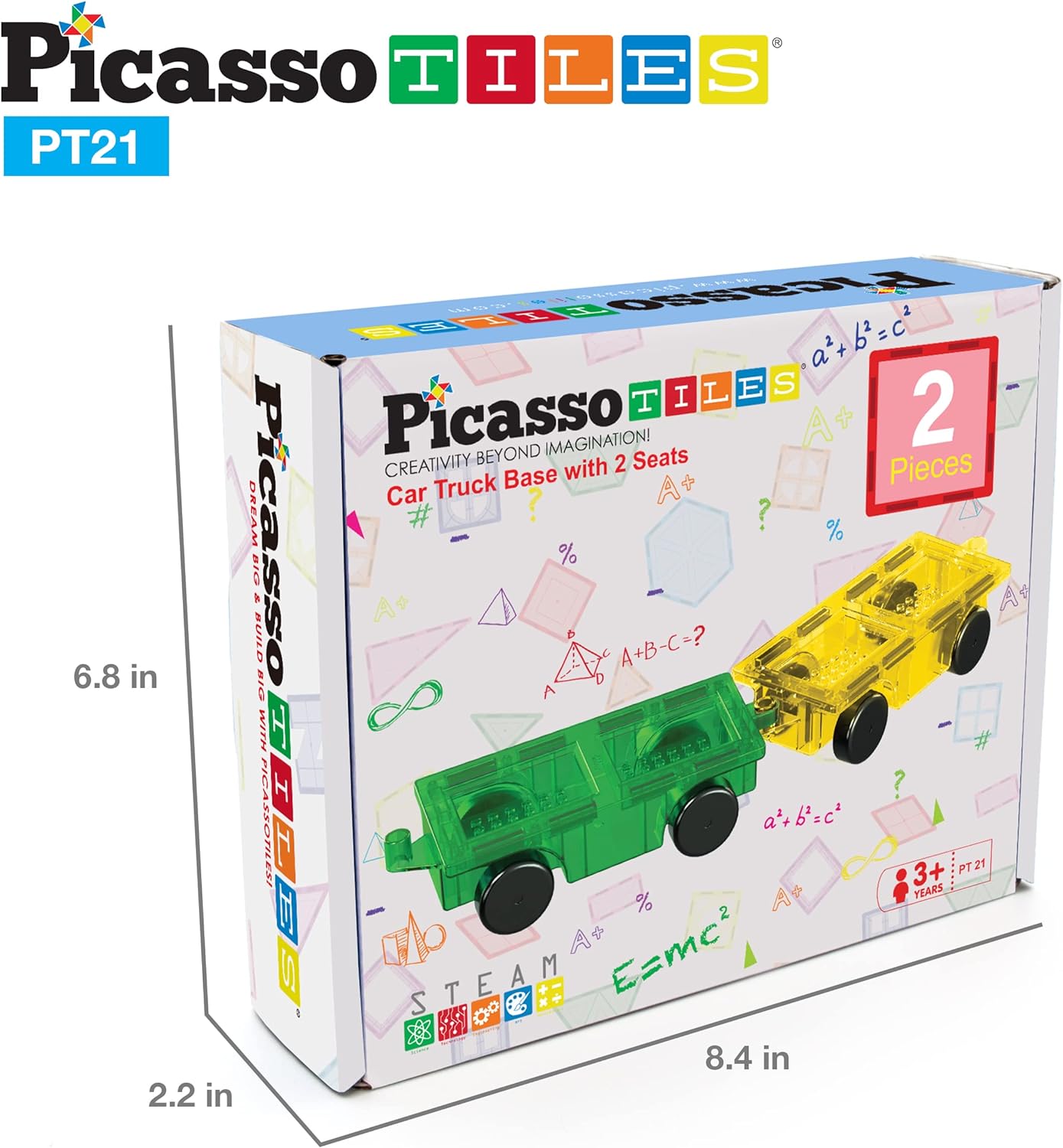 PicassoTiles 2 Piece Car Truck Construction Kit Toy Set Vehicle Educational Building Tile Magnetic Blocks Puzzle Magnets Toys with ReEnforced Hitch and Long Bed for Girls Boys Toddler Ages 3PT21
