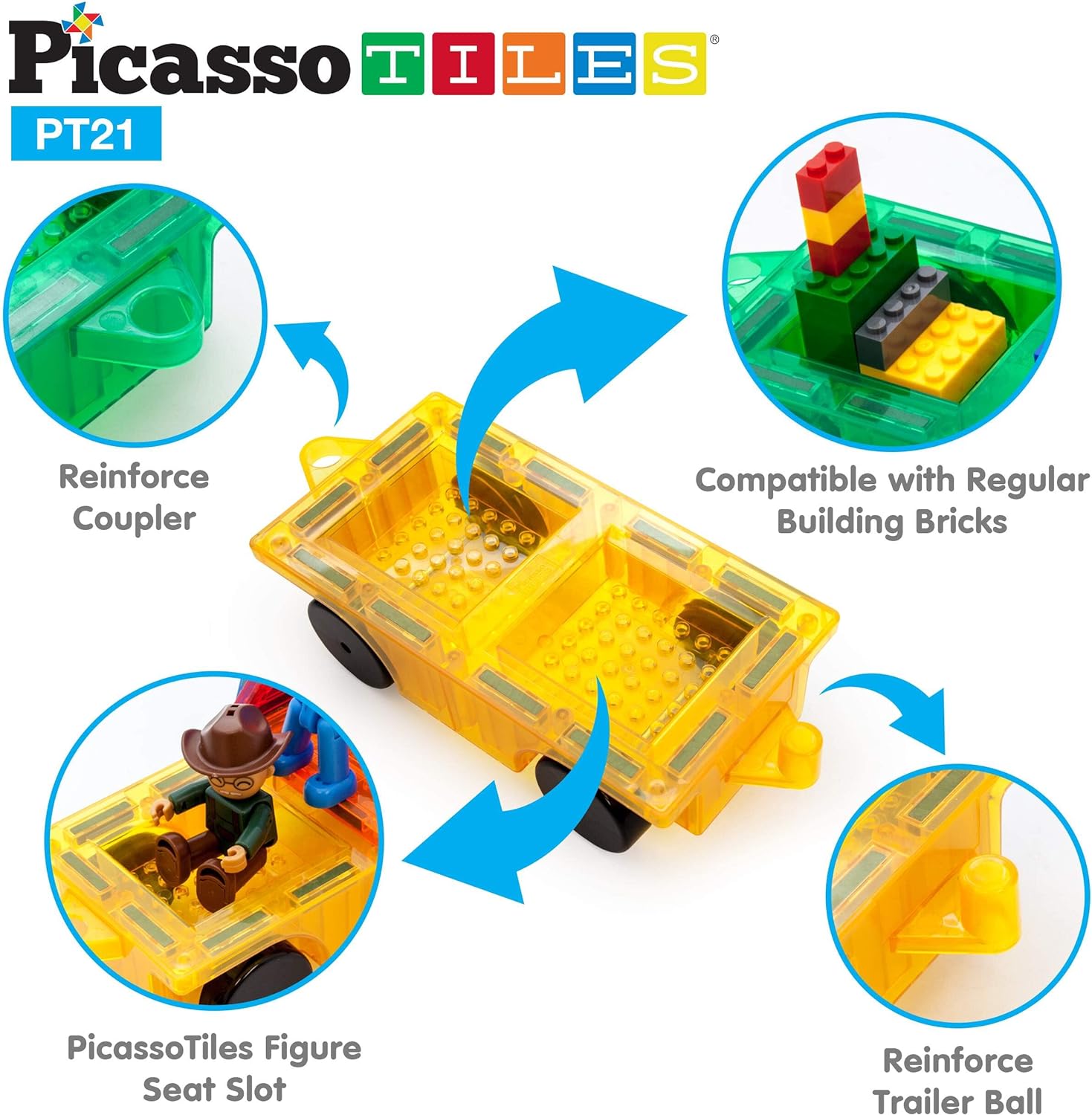 PicassoTiles 2 Piece Car Truck Construction Kit Toy Set Vehicle Educational Building Tile Magnetic Blocks Puzzle Magnets Toys with ReEnforced Hitch and Long Bed for Girls Boys Toddler Ages 3PT21