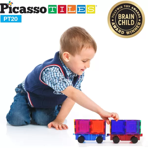 PicassoTiles 2 Piece Car Truck Construction Kit Toy Set Vehicle Educational Building Tile Magnetic Blocks Puzzle Magnets Toys with ReEnforced Hitch and Long Bed for Girls Boys Toddler Ages 3PT20