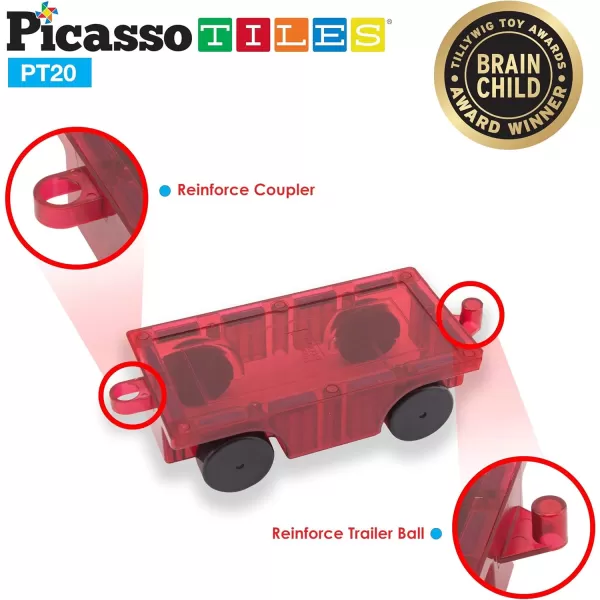 PicassoTiles 2 Piece Car Truck Construction Kit Toy Set Vehicle Educational Building Tile Magnetic Blocks Puzzle Magnets Toys with ReEnforced Hitch and Long Bed for Girls Boys Toddler Ages 3PT20