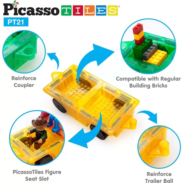 PicassoTiles 2 Piece Car Truck Construction Kit Toy Set Vehicle Educational Building Tile Magnetic Blocks Puzzle Magnets Toys with ReEnforced Hitch and Long Bed for Girls Boys Toddler Ages 3PT21