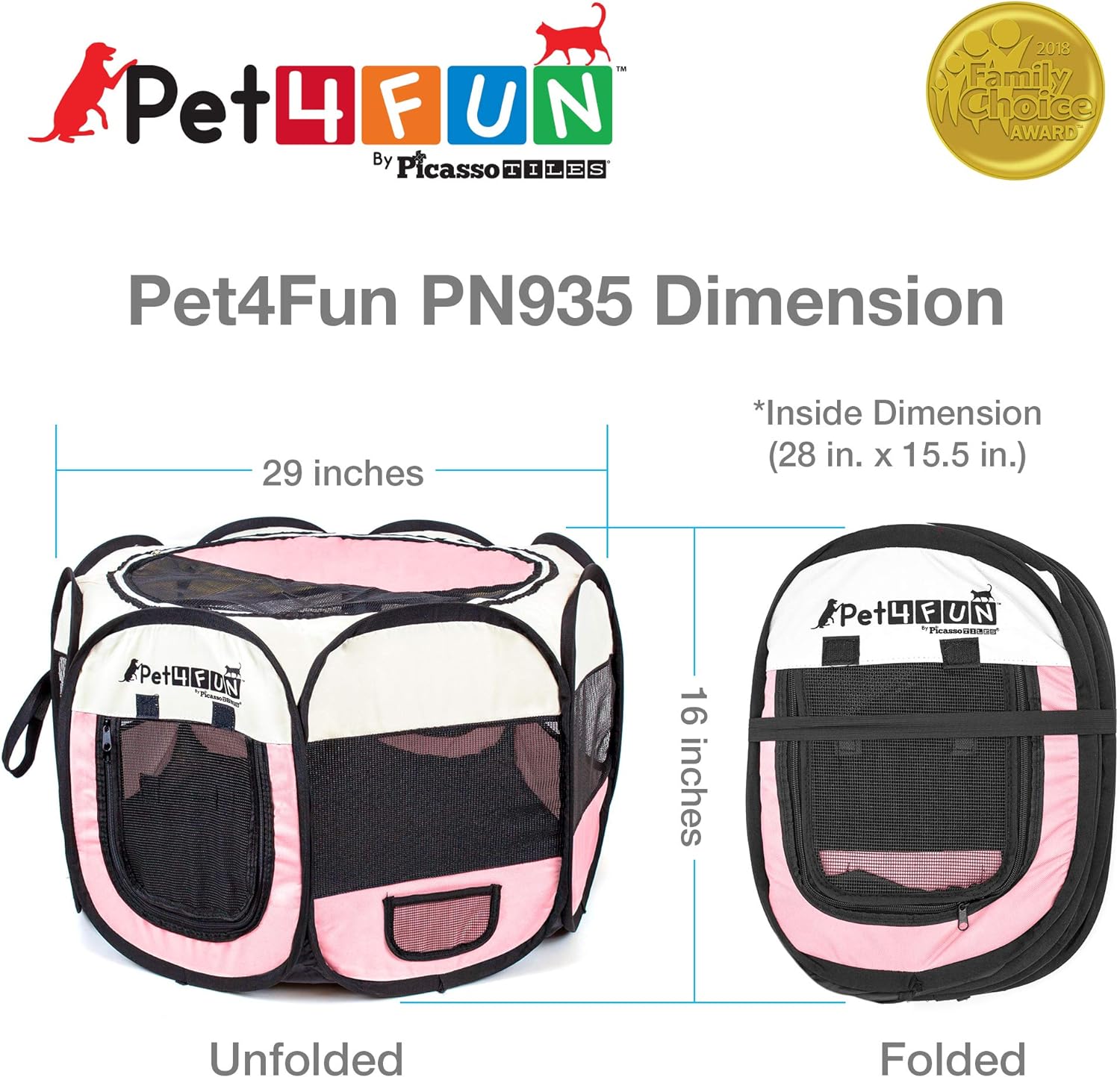 PET4FUN PN935 29 Portable Pet Puppy Dog Cat Animal Playpen Yard Crates Kennel wPremium 600D Oxford Cloth ToolFree Setup Carry Bag Removable Security Mesh CoverShade 2 Storage PocketsPinkUpgrade Version 29 x 29 x 17 Medium Pink