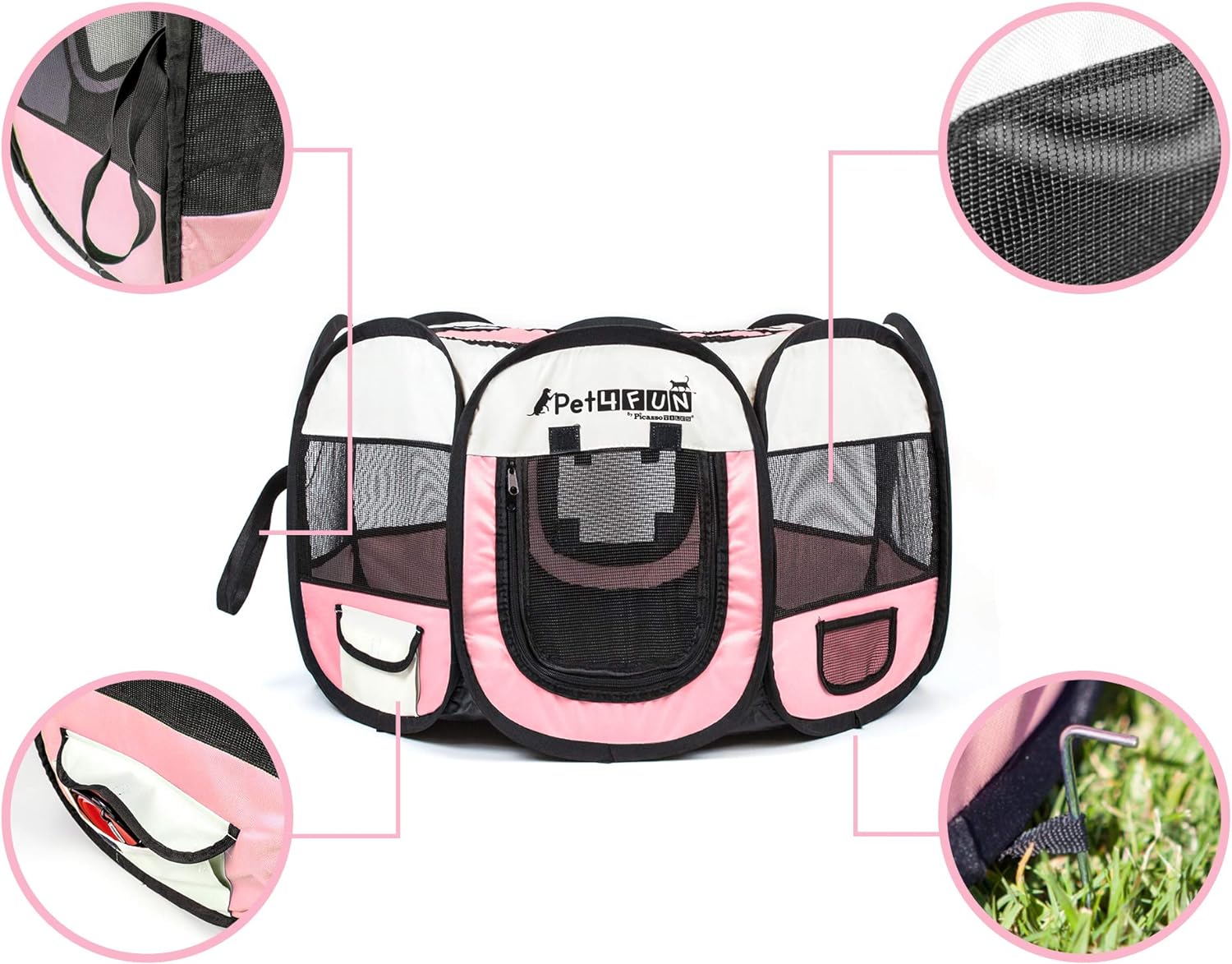 PET4FUN PN935 29 Portable Pet Puppy Dog Cat Animal Playpen Yard Crates Kennel wPremium 600D Oxford Cloth ToolFree Setup Carry Bag Removable Security Mesh CoverShade 2 Storage PocketsPinkUpgrade Version 29 x 29 x 17 Medium Pink