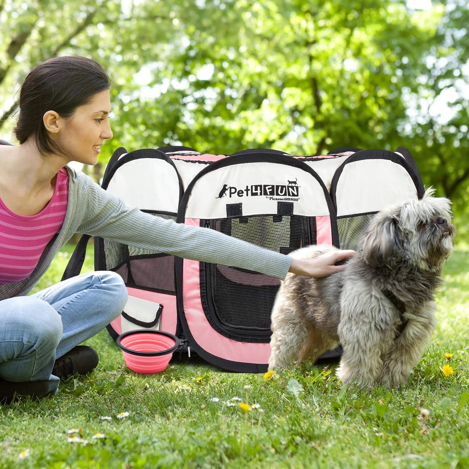 PET4FUN PN935 29 Portable Pet Puppy Dog Cat Animal Playpen Yard Crates Kennel wPremium 600D Oxford Cloth ToolFree Setup Carry Bag Removable Security Mesh CoverShade 2 Storage PocketsPinkUpgrade Version 29 x 29 x 17 Medium Pink