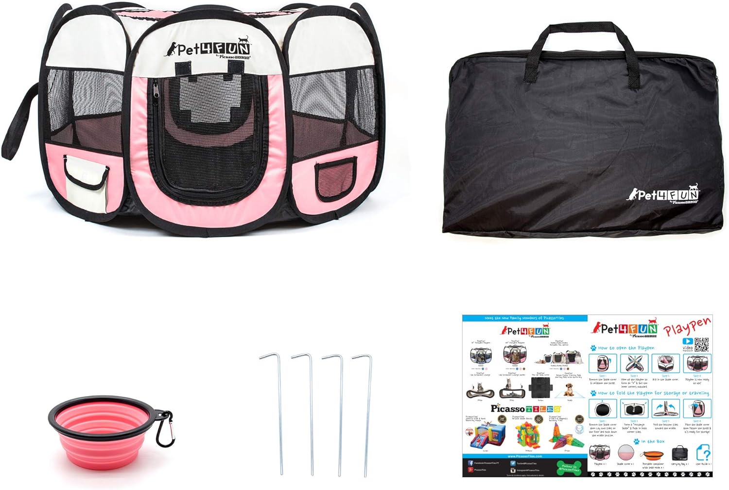 PET4FUN PN935 29 Portable Pet Puppy Dog Cat Animal Playpen Yard Crates Kennel wPremium 600D Oxford Cloth ToolFree Setup Carry Bag Removable Security Mesh CoverShade 2 Storage PocketsPinkUpgrade Version 29 x 29 x 17 Medium Pink