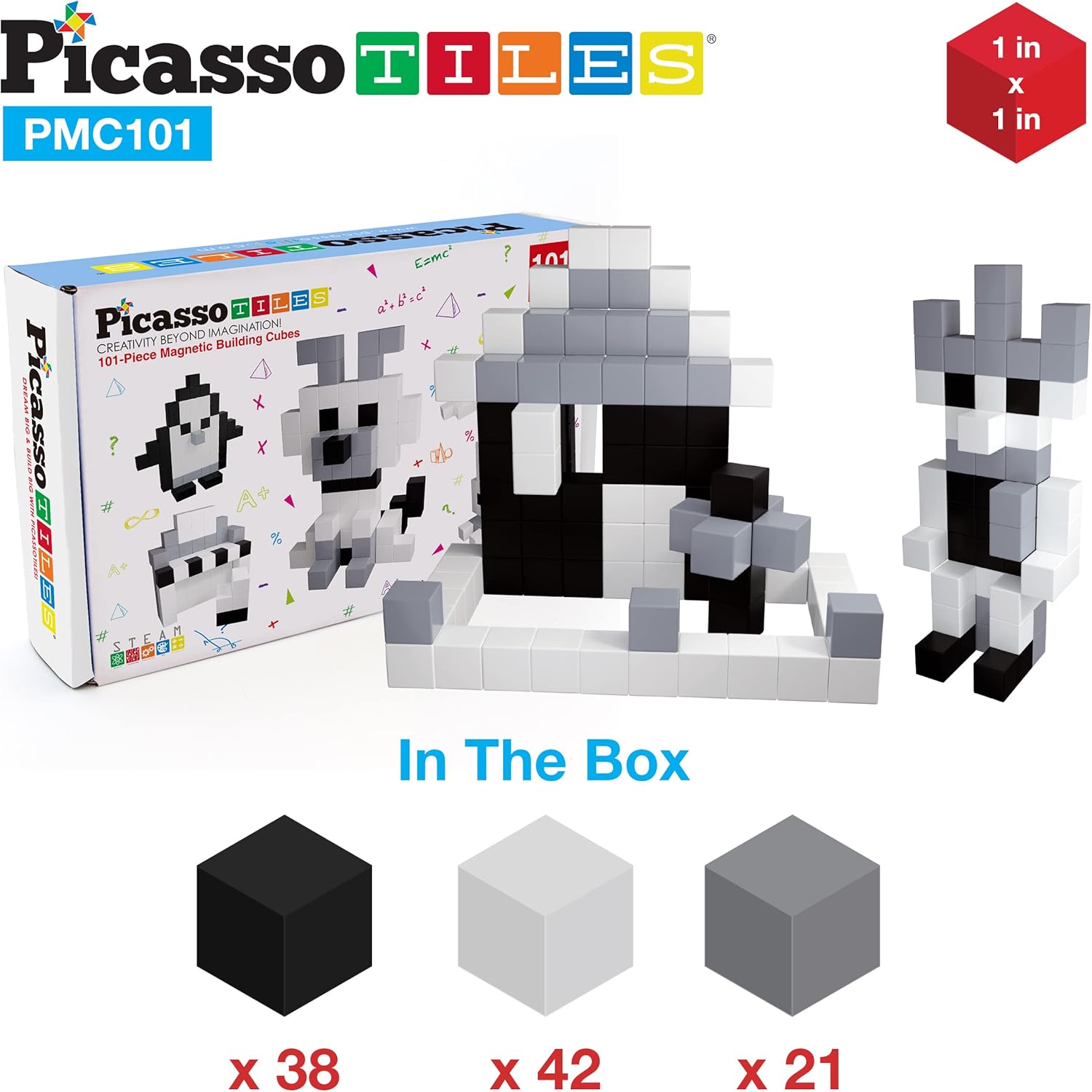 Picasso Cubes 1 Magnetic Puzzle Cubes 108 Piece Magnet Construction Building Block Set Sensory Toy Early Education STEM Learning Free Ideabook with 50 Ideas Children Age 3 Boy Girl PMC1081Achromatic101
